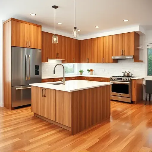 Completed kitchen remodel in Jacksonville NC featuring wood cabinetry, quartz countertops, and modern appliances in a bright space.