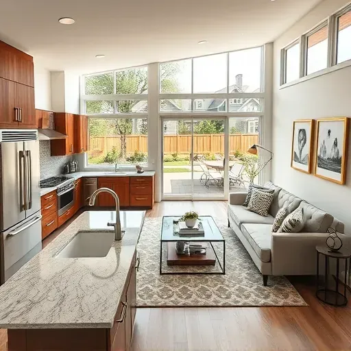 Modern open-concept living space in Jacksonville NC featuring a stylish kitchen and elegant decor, full of natural light.