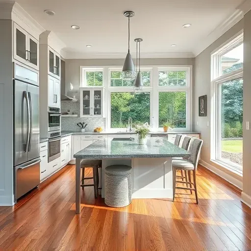 Modern kitchen remodel in Grandy, NC with granite countertops, stainless steel appliances, and natural light.