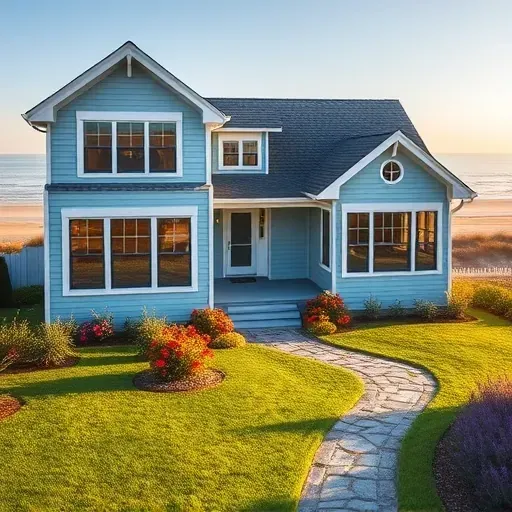 Coastal-style remodeled home in Cape Carteret NC with blue siding, white trim, and lush landscaping.