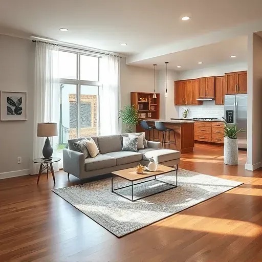 Modern cozy living room in New Bern NC with open concept layout, hardwood floors, and chic decor elements.