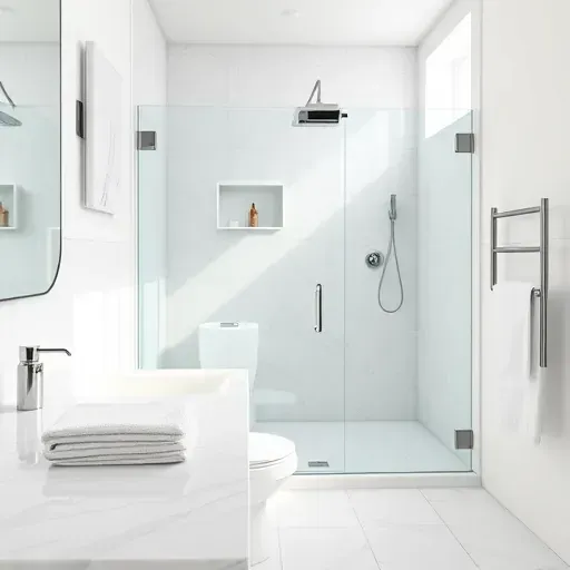 Beautiful renovated Jacksonville NC bathroom with marble counters modern fixtures walk-in shower natural lighting elegant accessories