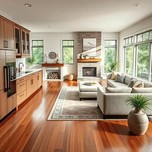 Modern kitchen and living area in Cape Carteret NC, featuring marble countertops, wood flooring, and stylish decor.