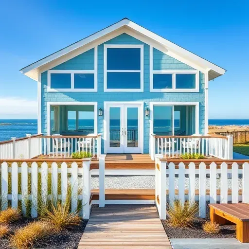 Completed home remodeling in Indian Beach NC with soft blue exterior, landscaped yard, and inviting porch.