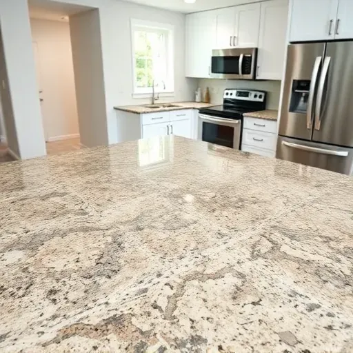 Freshly installed granite kitchen countertop with natural patterns in a modern Jacksonville NC kitchen with ample sunlight