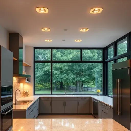 Modern kitchen in Jacksonville NC with sleek LED lighting, quartz countertops, matte cabinets, stainless-steel appliances and lush outdoor view