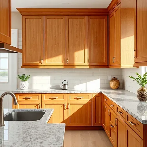 Recently replaced warm oak kitchen cabinets with polished finish, modern hardware, granite countertops, and neutral backsplash in Jacksonville NC