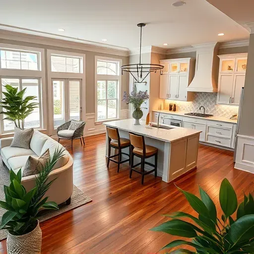 Home remodeling in Beaufort NC featuring a modern kitchen with cabinetry, island, and inviting living area.