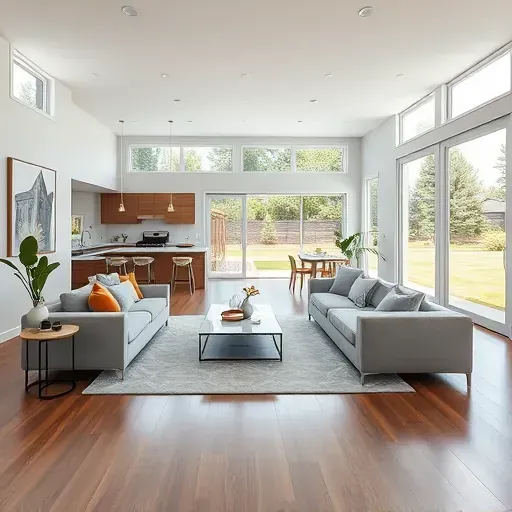Modern living room in Hampstead NC featuring muted colors, hardwood floors, and seamless kitchen transition with outdoor view.
