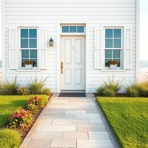 Completed home remodeling project in Atlantic Beach NC featuring coastal shutters, modern door, lush landscaping, and serene ocean view.