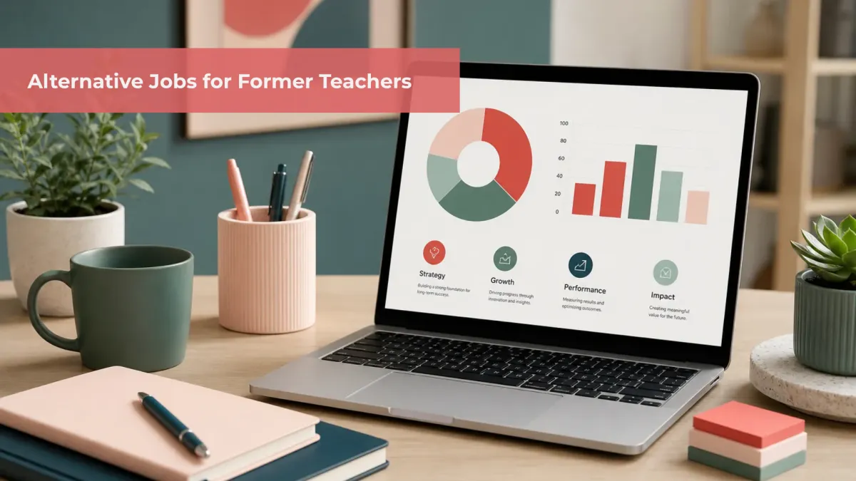 Image of a desk in a remote work from home setting with text jobs for former teachers