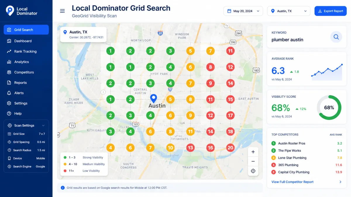 Map view showing different visibility zones across a service area