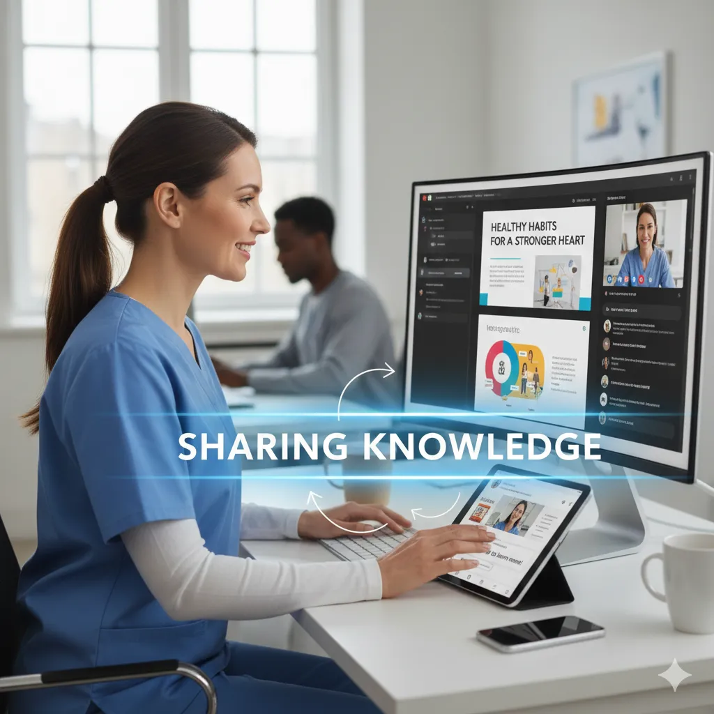  A graphic illustrating a healthcare professional creating and sharing valuable content online, highlighting the sharing of knowledge.