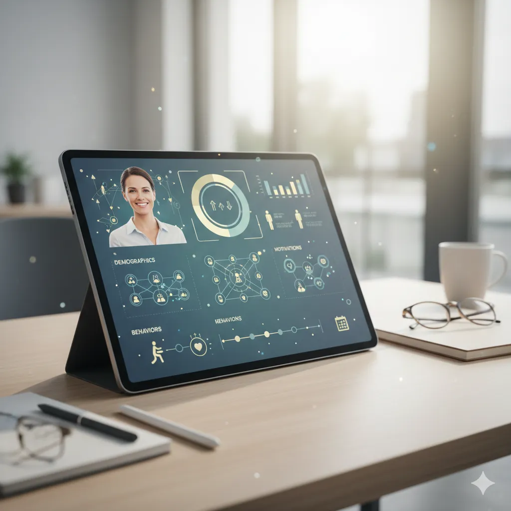 An image showcasing a detailed patient persona profile with demographics, motivations, and behaviors, symbolizing understanding ideal patients.