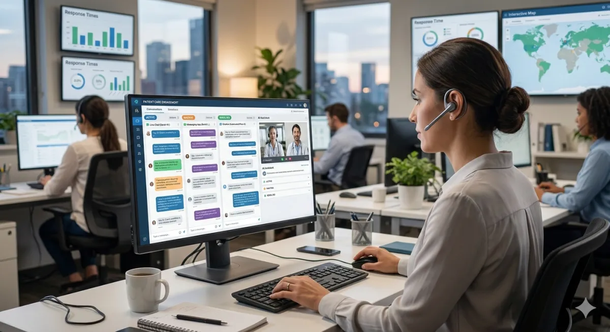 An image showing a healthcare practice engaging in real-time conversations with patients through chatbots, live chat, and messaging apps, symbolizing real-time engagement.