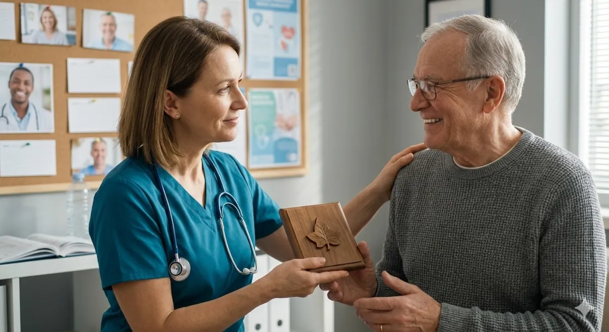 An image of a patient receiving a reward or recognition from a healthcare provider, symbolizing long-term relationship building.