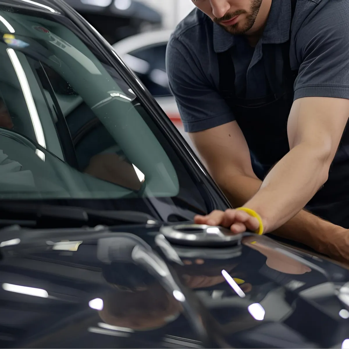 Professional detailer polishing a car hood to a high shine inside an auto service shop.