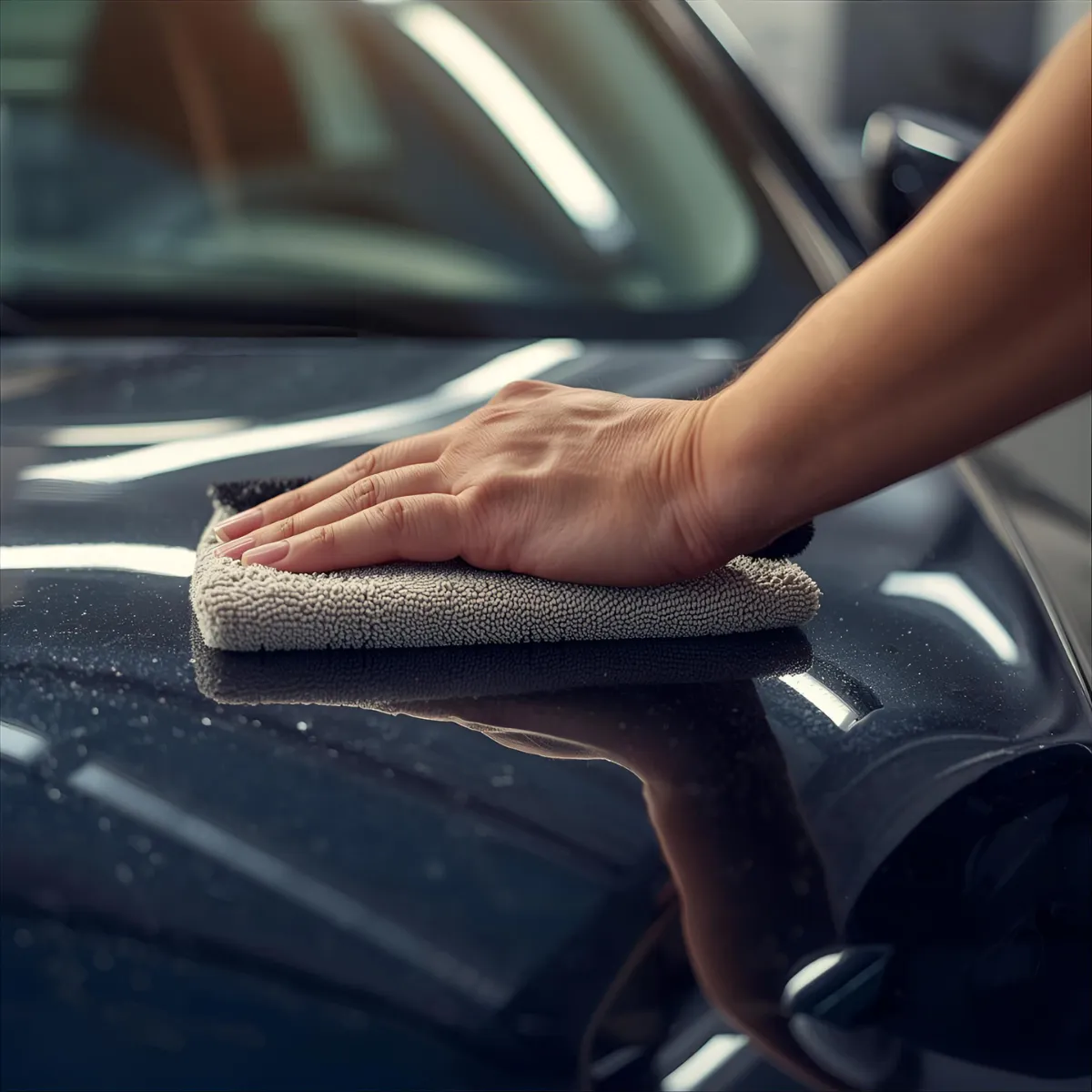 Bars Property Services team member polishing a car hood with a microfiber cloth for a clean, professional finish.