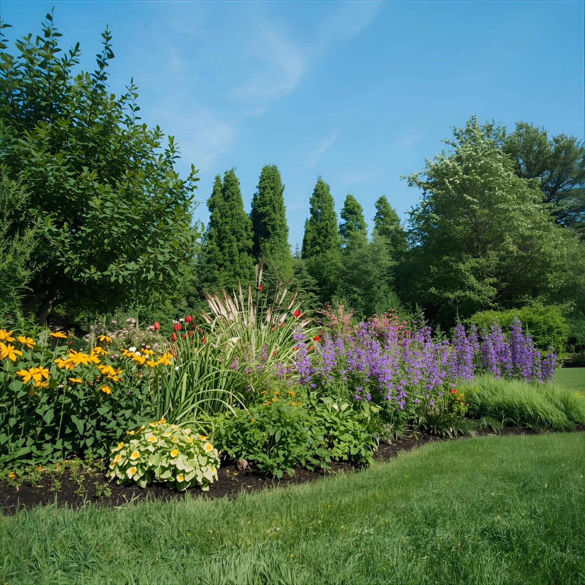 Lush landscaped garden with colorful flowers and manicured lawn maintained by Bars Property Services in Halifax.