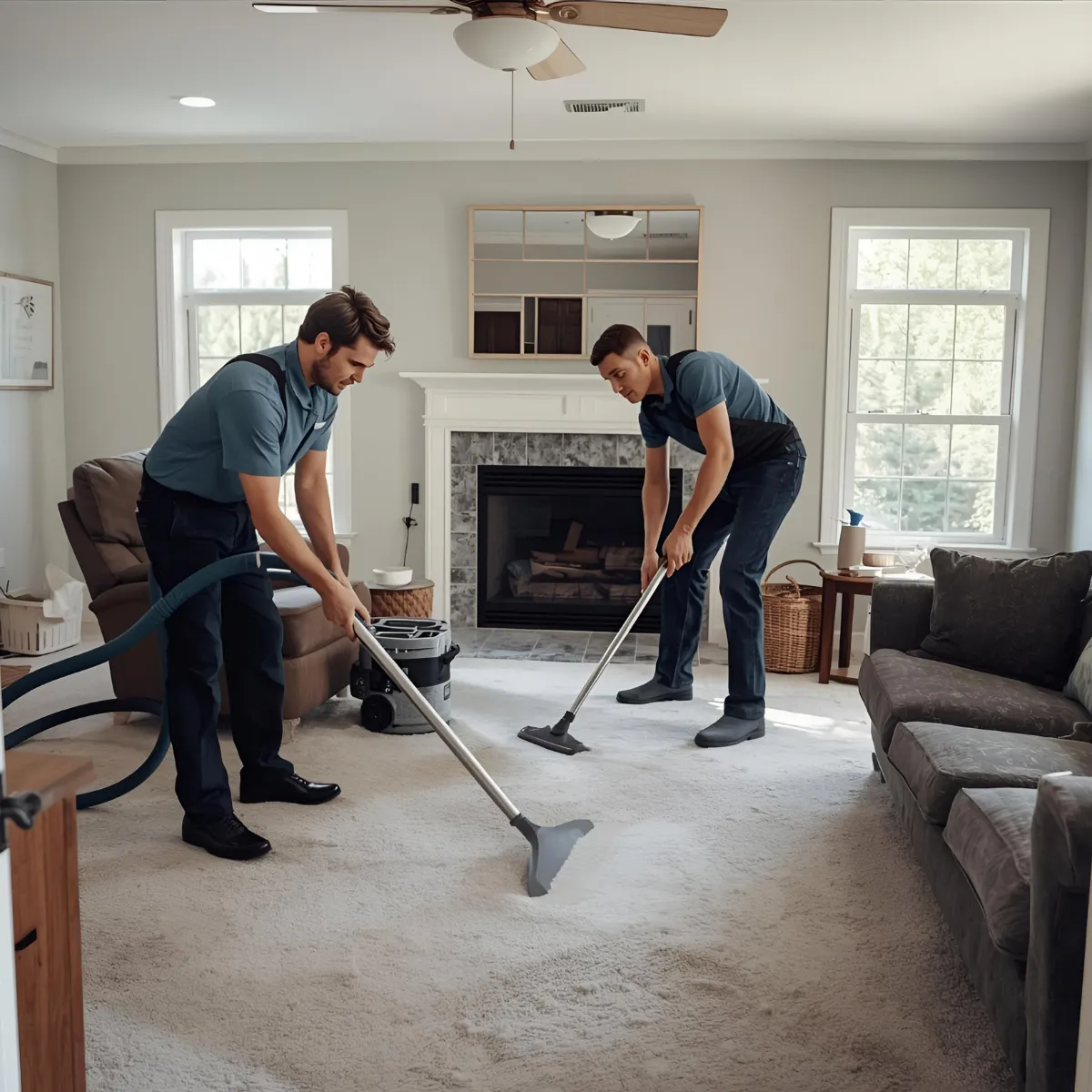 Bars Property Services team deep cleaning carpet in a residential living room for a spotless finish.