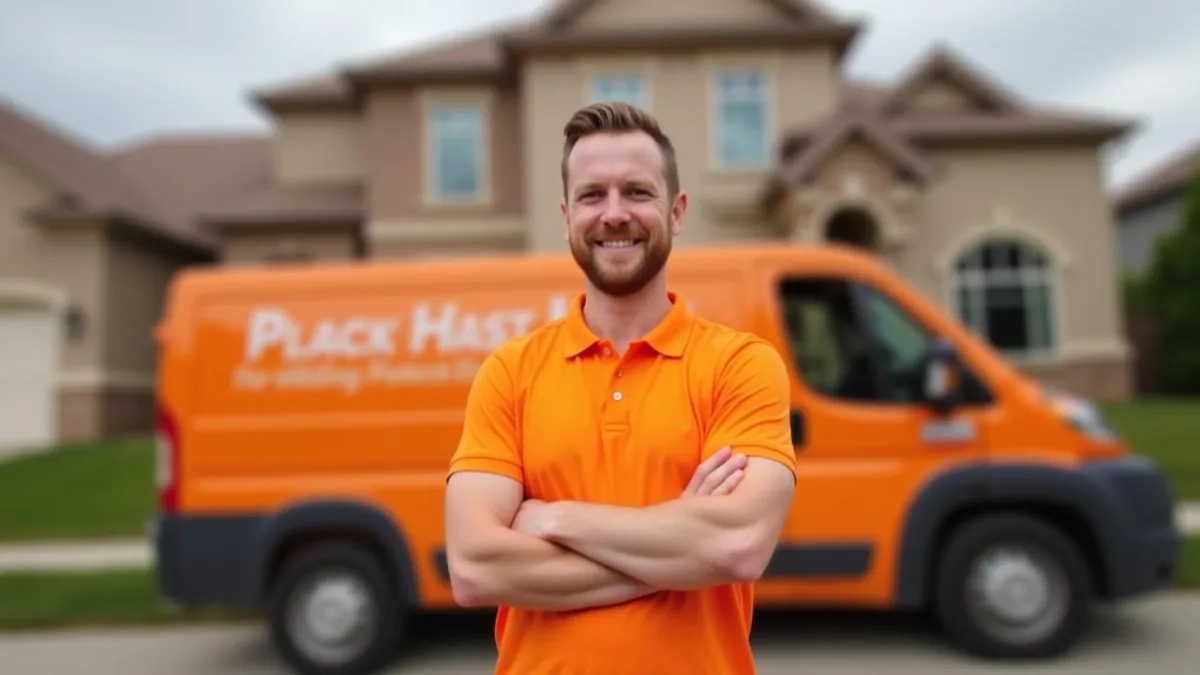 Man in front of plumbing van