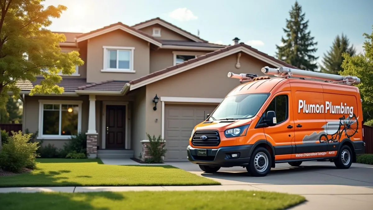 Plumbing van in front of residential home