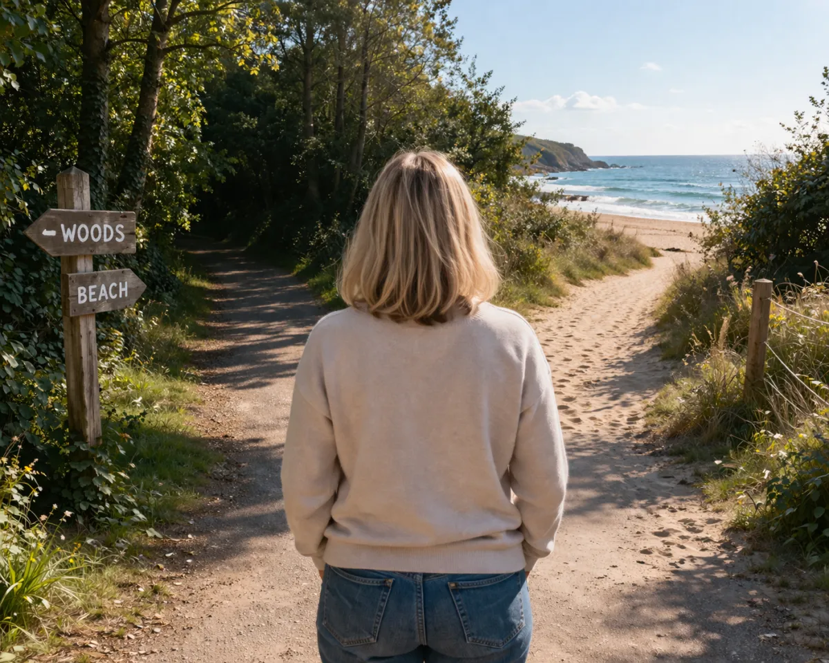 A young woman, depicting a younger me, deciding whether to head into the woods or head to the beach