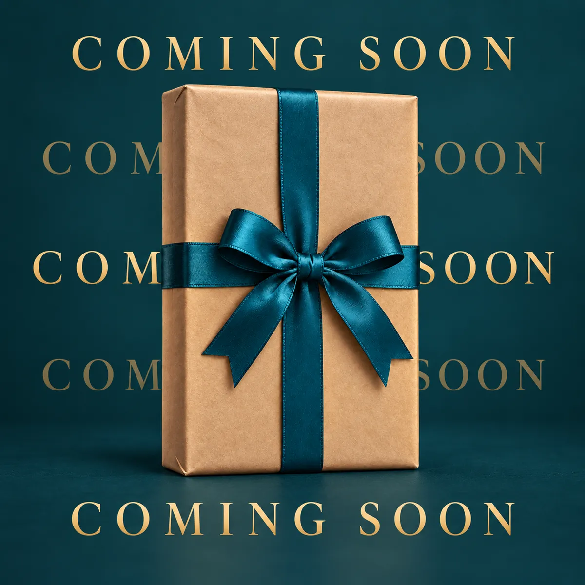 a book wrapped in brown paper with a dark green bow with the words coming soon repeated in the background