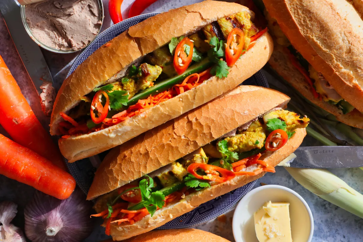 image Classic Traditional banh mi with herbs and crunchy baguette