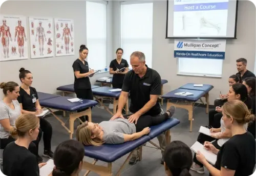 Mulligan with Movement USA instructor demonstrating Mulligan Concept hip mobilization.