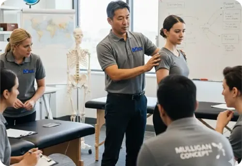 Clinician learning hands-on Mulligan Concept shoulder treatment techniques.