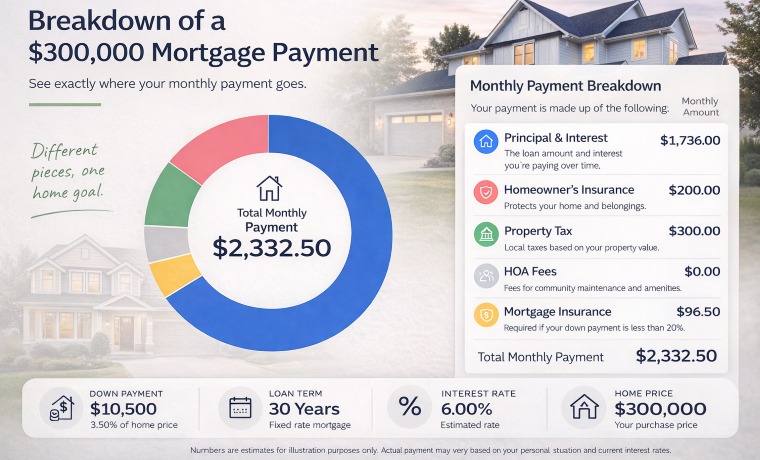 Breakdown of a Payment for a $300,000 Mortgage