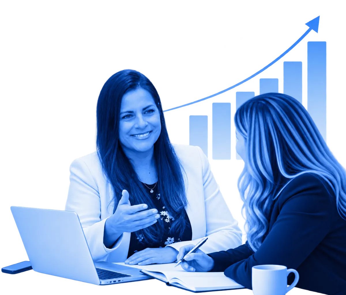 A professional business coach meets with a client to discuss strategy, goals, and opportunities for growth, represented by an upward-trending graph in the background.
