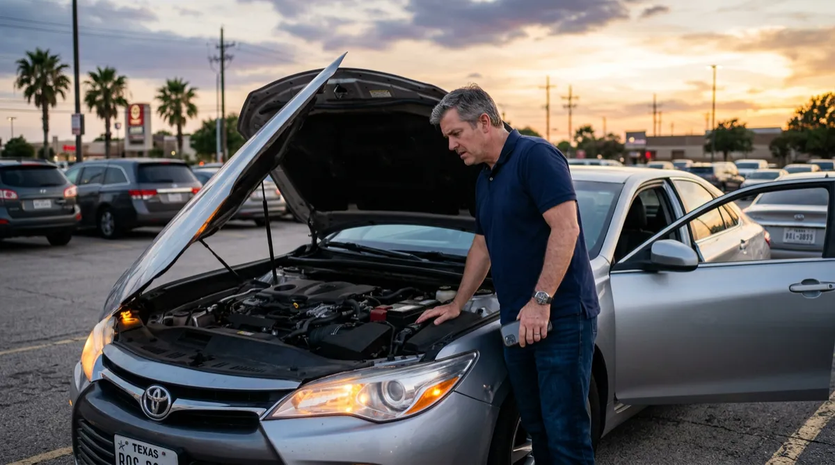 Driver checking under the hood of a silver sedan that will not start in a Texas parking lot at dusk