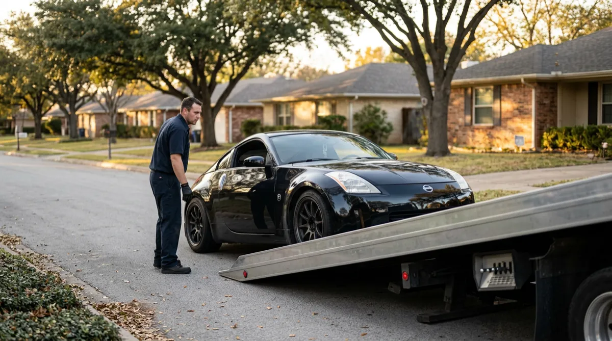 Tow operator guiding a lowered black sports coupe up the ramp of a flatbed tow truck on a quiet Arlington, Texas street at sunset