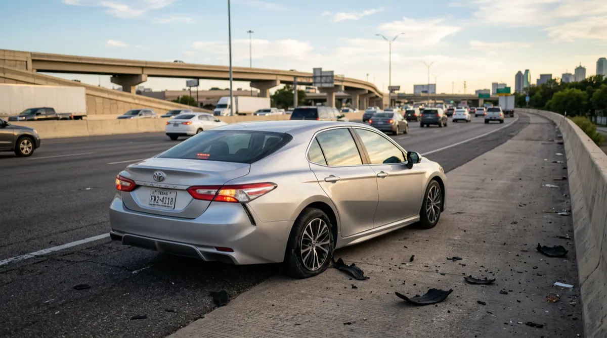 Silver sedan with a shredded rear tire stopped on a Texas highway shoulder with hazard lights on