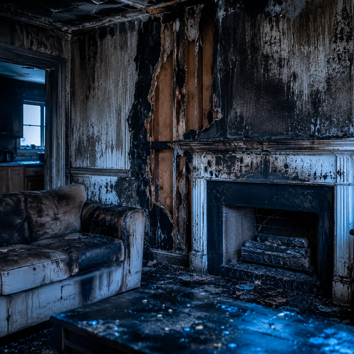 Smoke and soot damage in a fire affected Greater Houston home interior