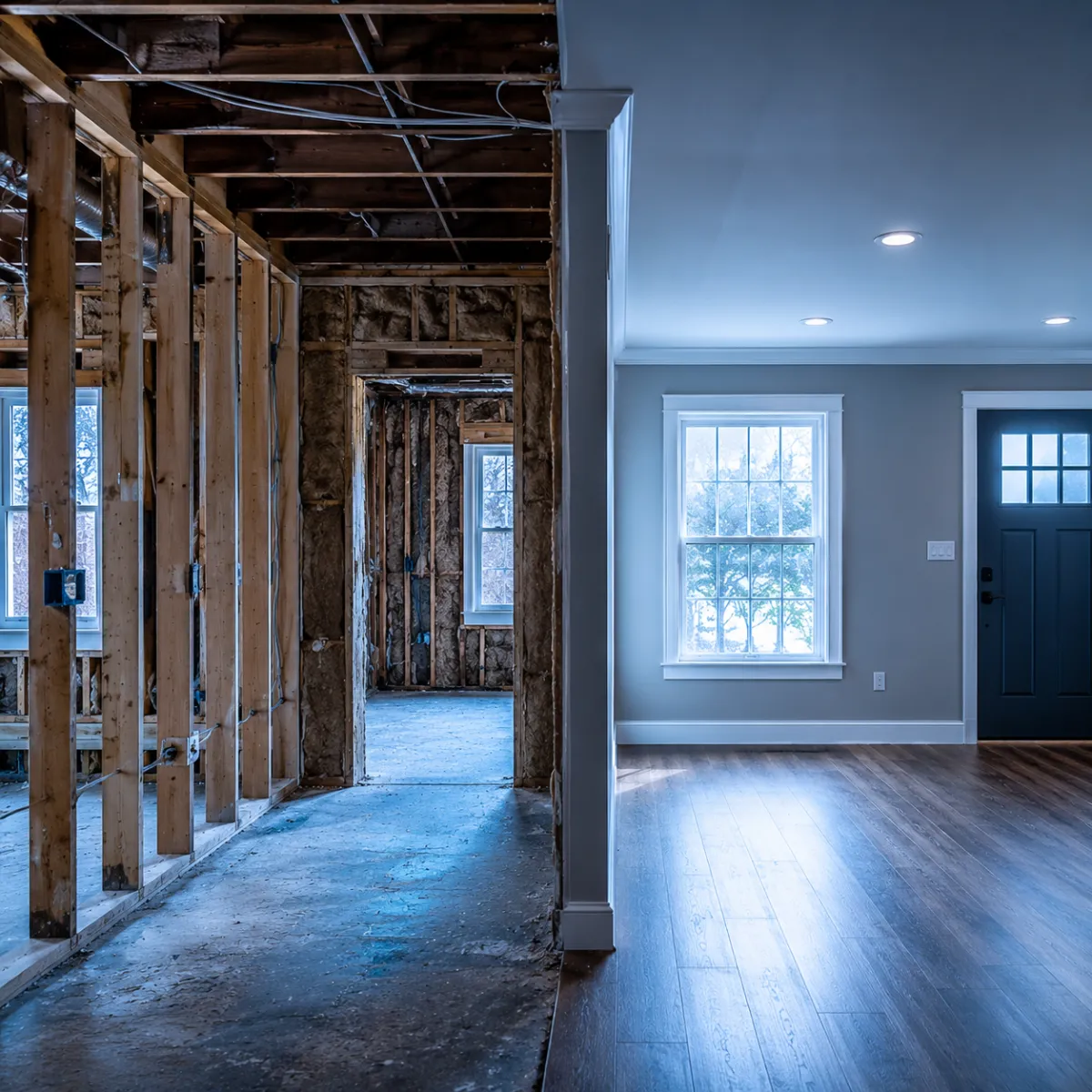 Home interior being rebuilt during building restoration in Greater Houston
