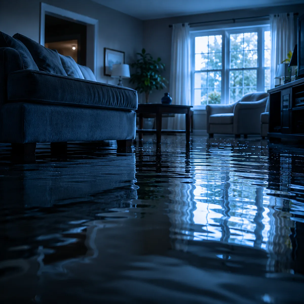 Flooded living room with standing water in a Greater Houston home before extraction