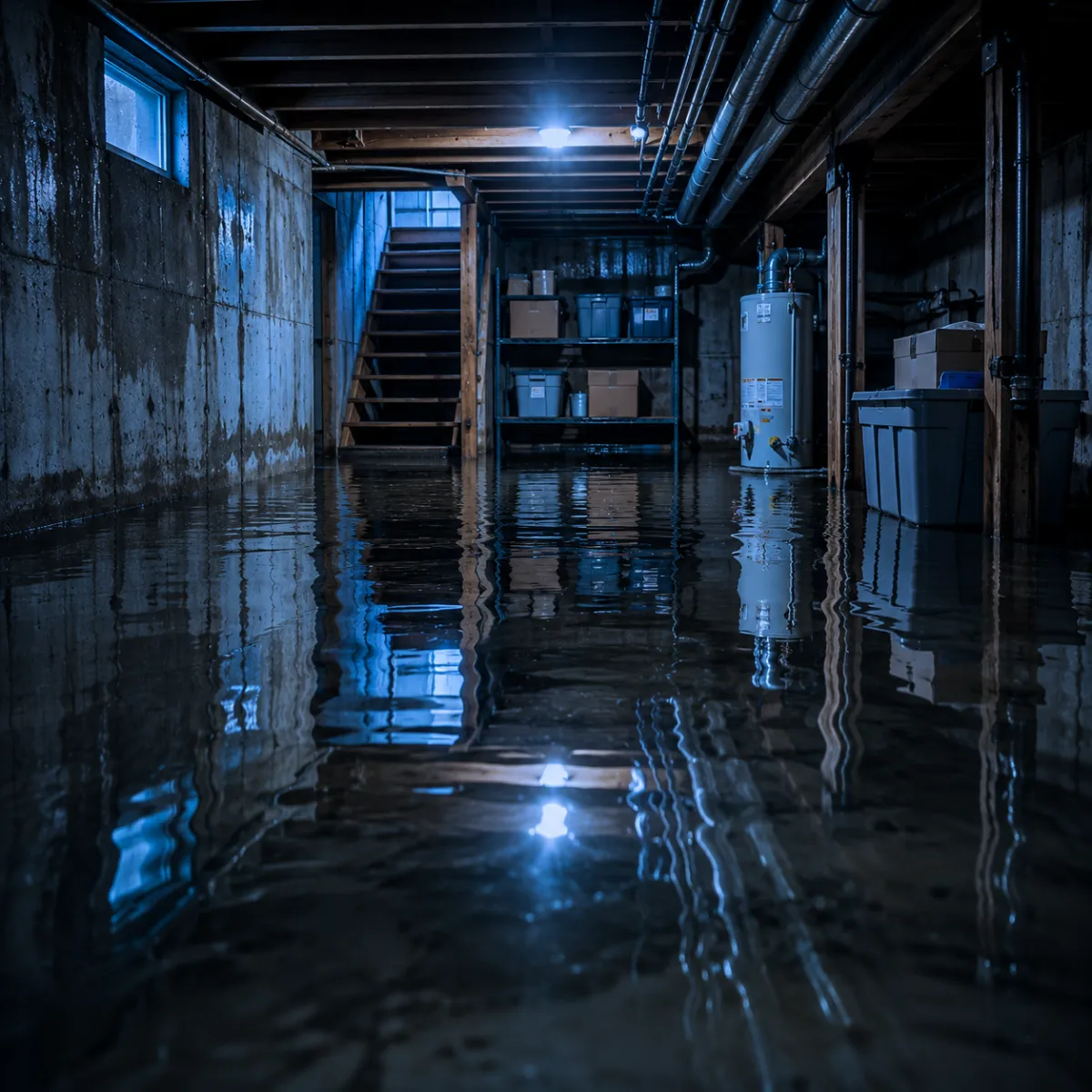 Standing water in a flooded basement in a Greater Houston home