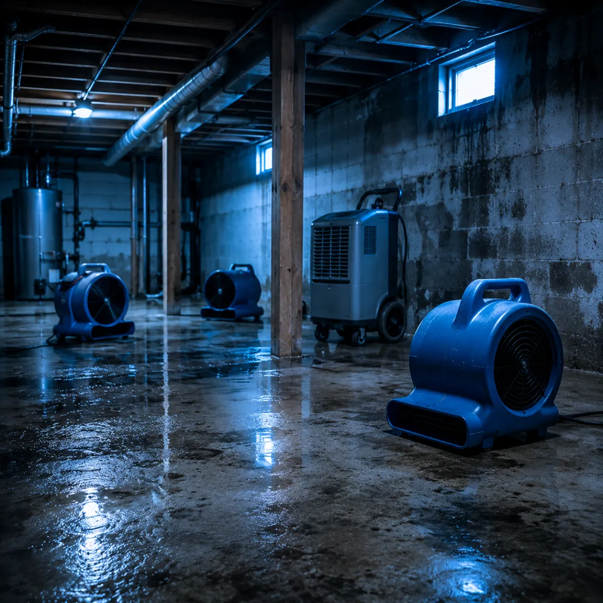 Drying equipment running in a basement after flooding cleanup in Greater Houston
