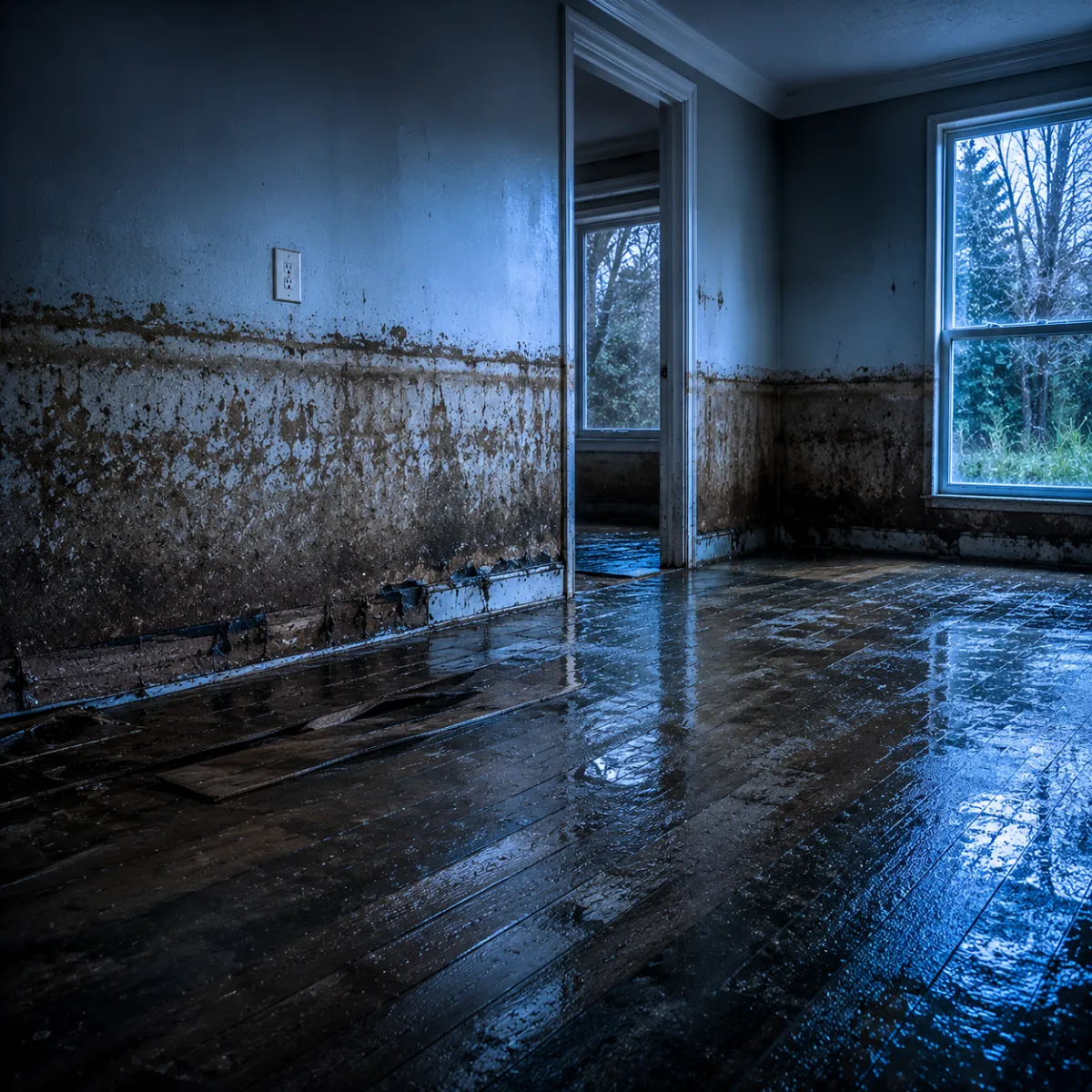 Flood damaged room with a water line on the wall in a Greater Houston property