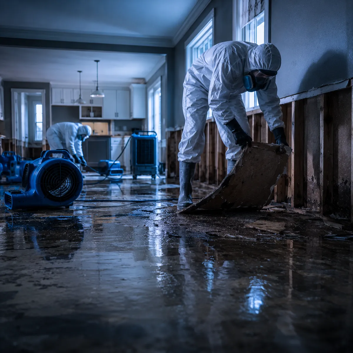 Crew cleaning and drying a flood damaged interior in Greater Houston
