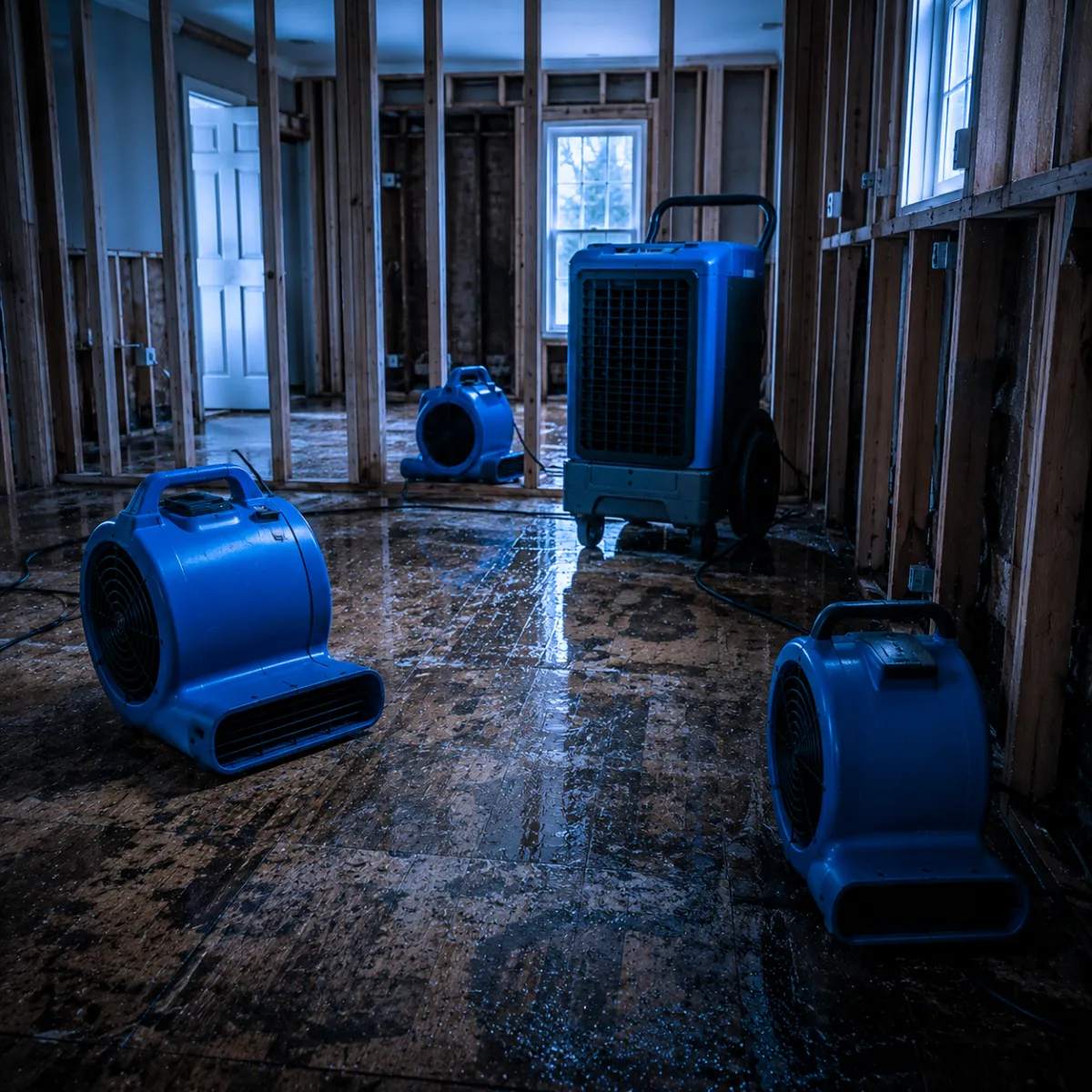 Air movers drying exposed framing and subfloor in a Greater Houston home