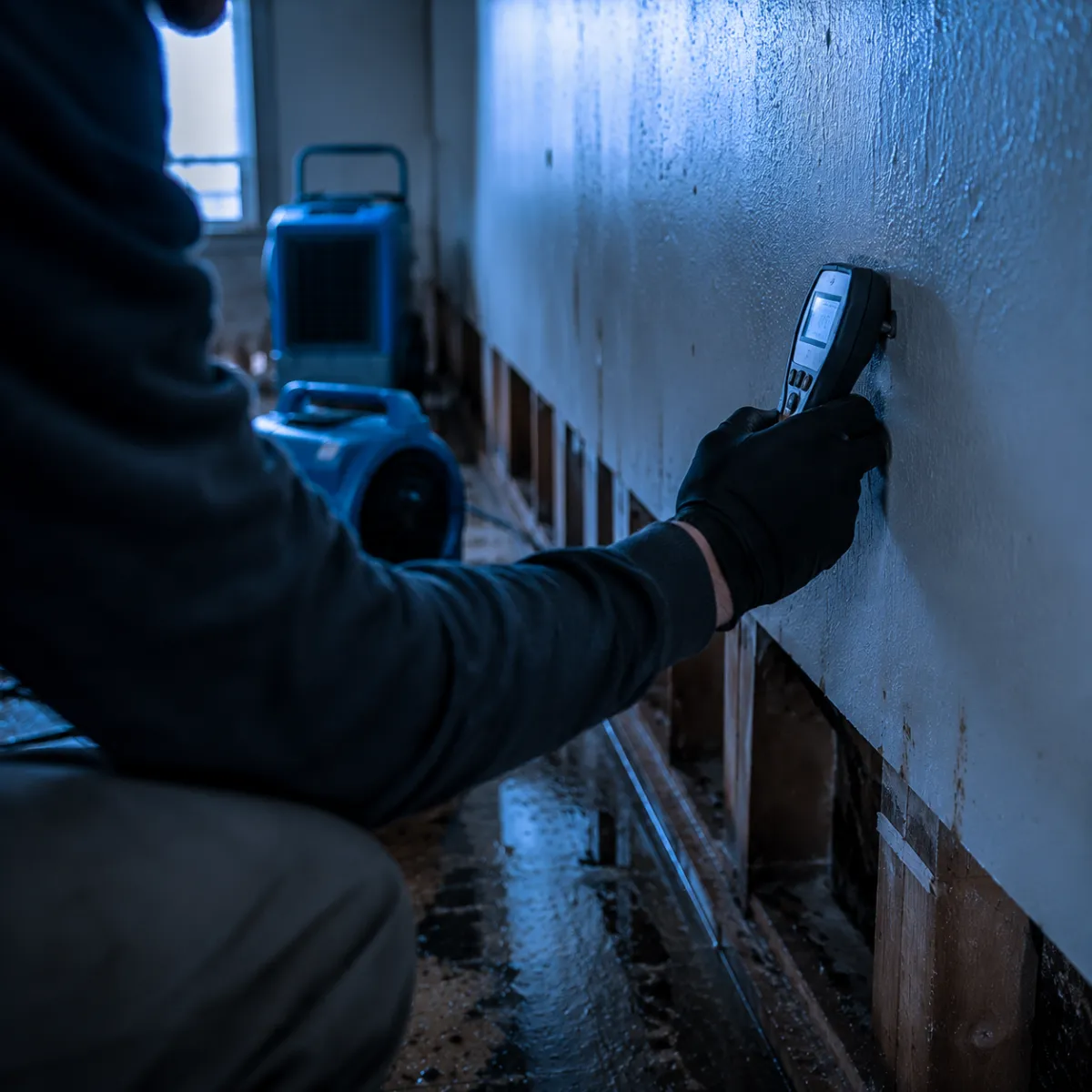 Technician checking moisture levels during structural drying in Greater Houston