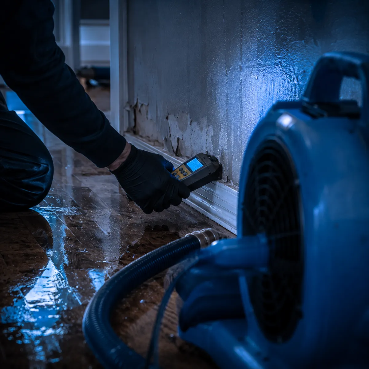 Technician detecting hidden water during water removal in Greater Houston