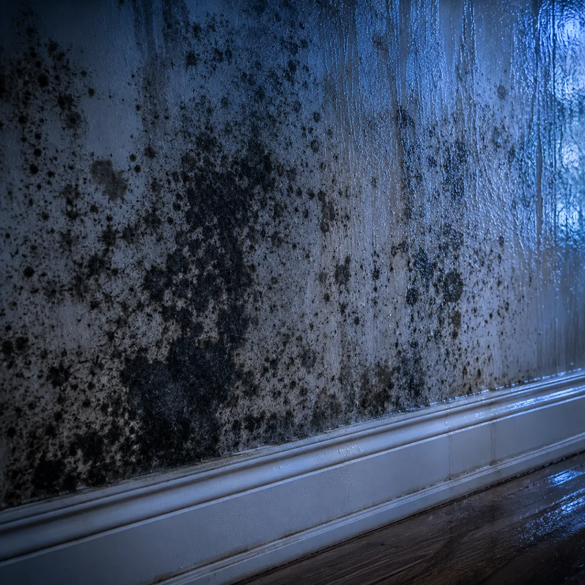 Mold growth on an interior wall before mold removal in a Greater Houston property