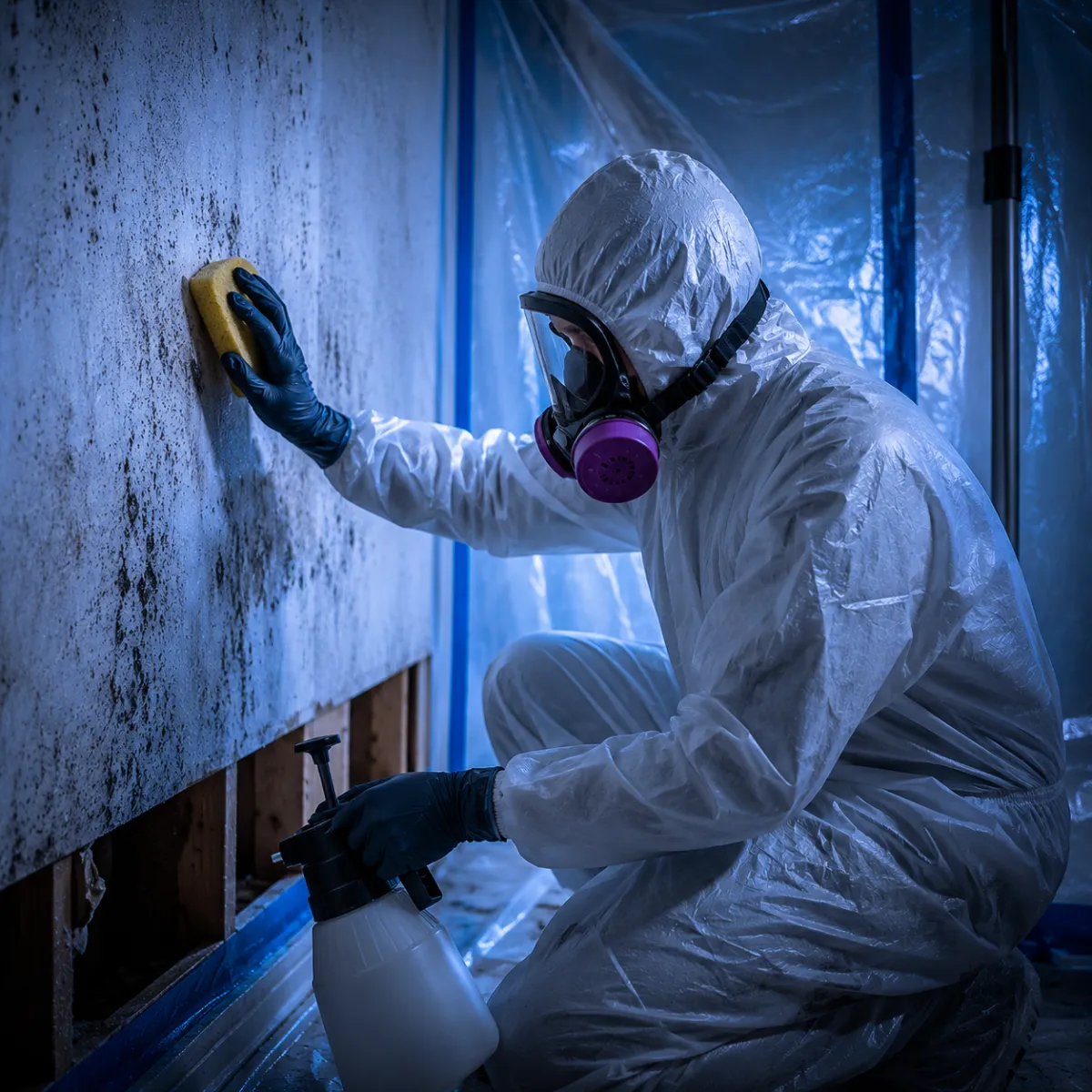Technician safely removing black mold during remediation in Greater Houston