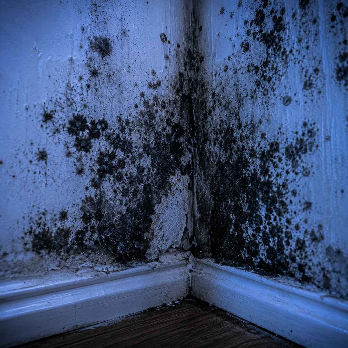 Black mold growth in a damp wall corner in a Greater Houston property