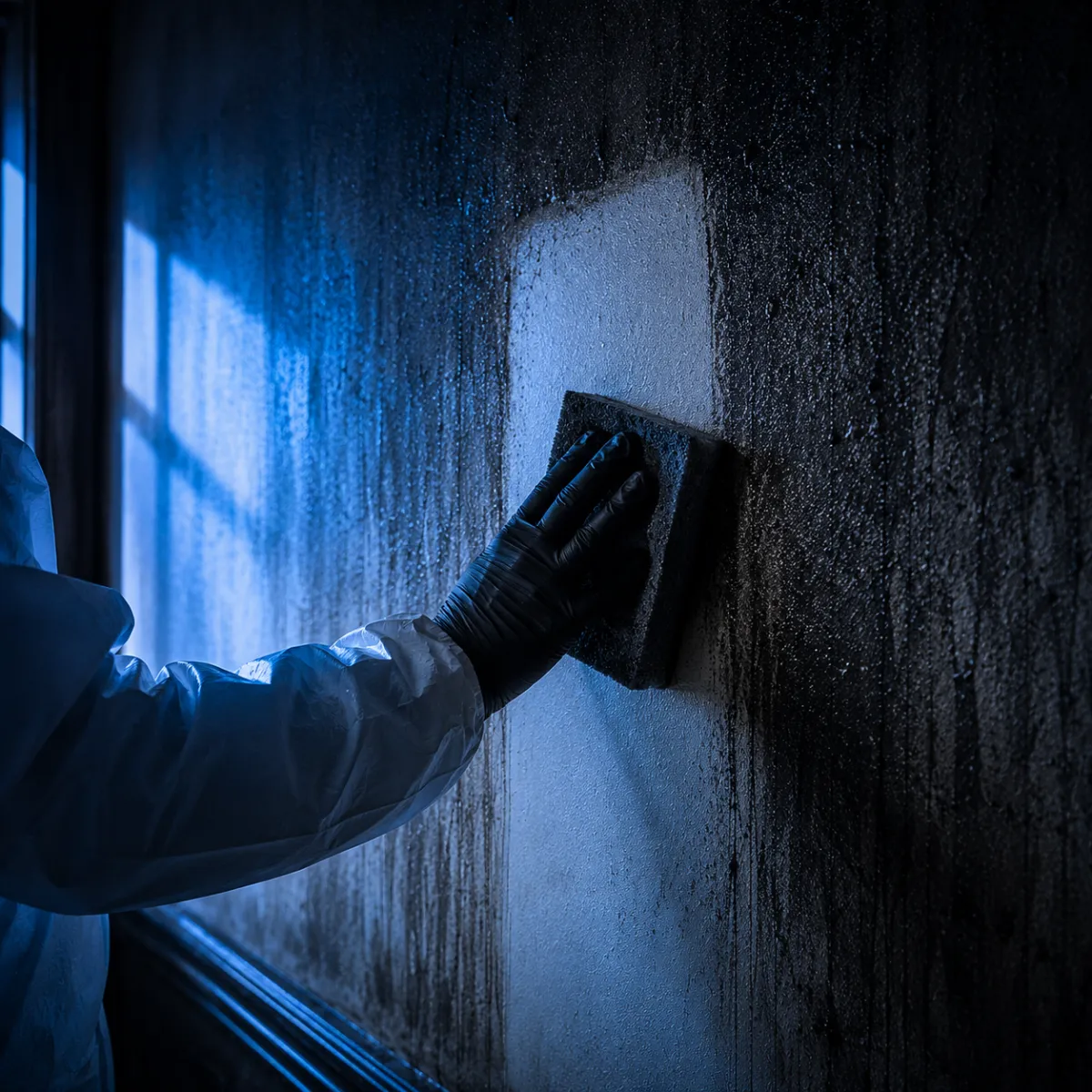  Technician lifting soot from a wall during soot removal in Greater Houston